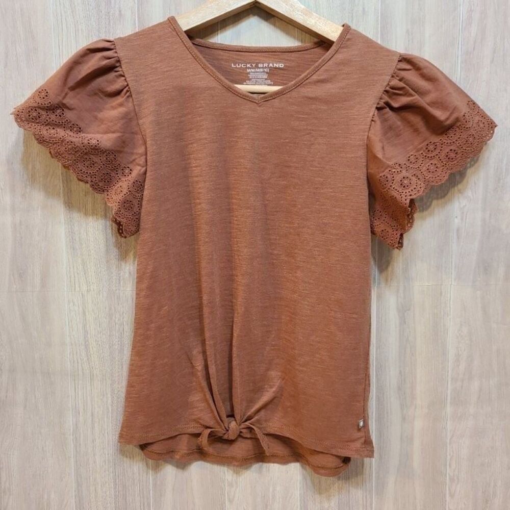 Lucky Brand Girls M Top Rust Orange Eyelet Lace Sleeve V Neck Tie Waist Boho Tee